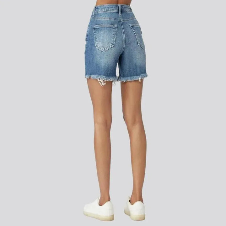 Whiskered high-waist women's denim shorts
