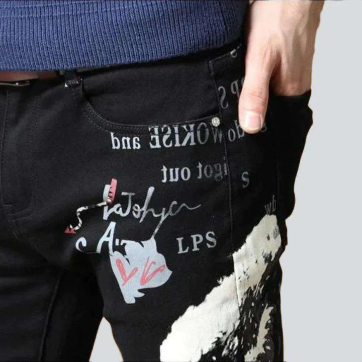 Embroidered black elastic men's jeans