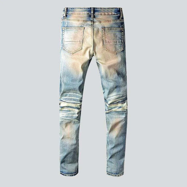 Pu leather patchwork biker jeans
