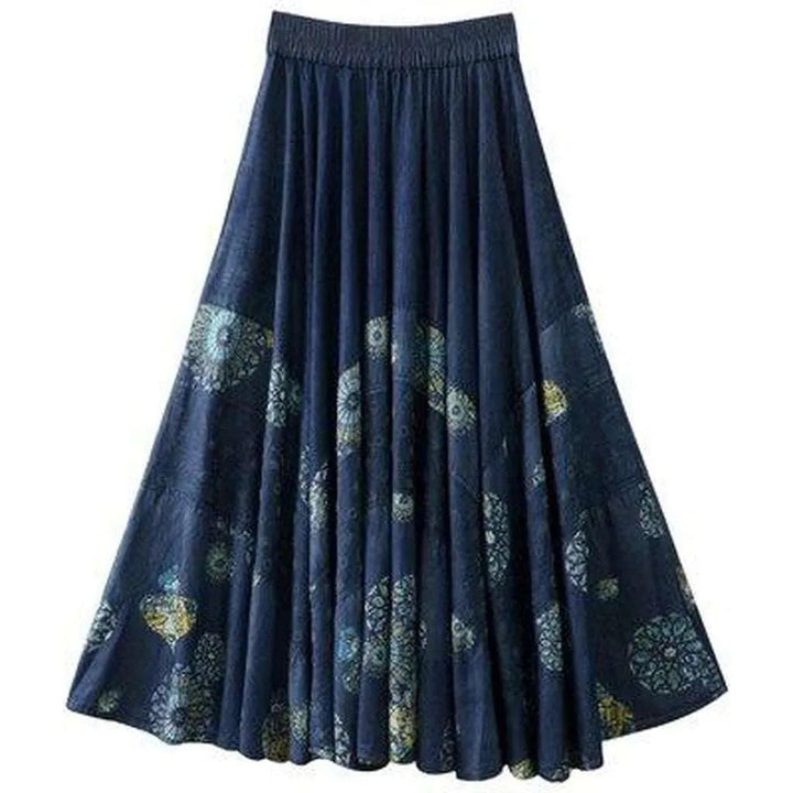 Flare embroidered long denim skirt