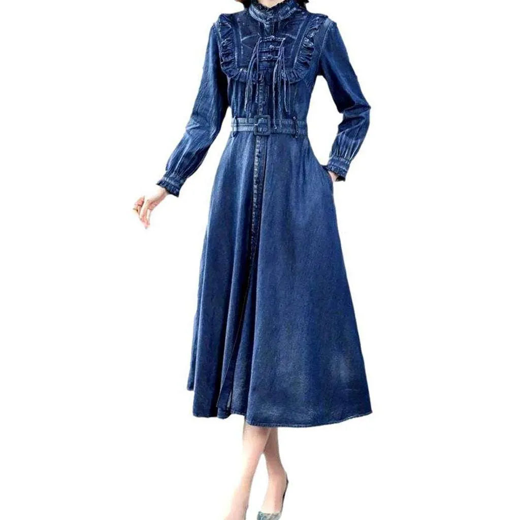 Flared Vintage Denim Dress - Blue