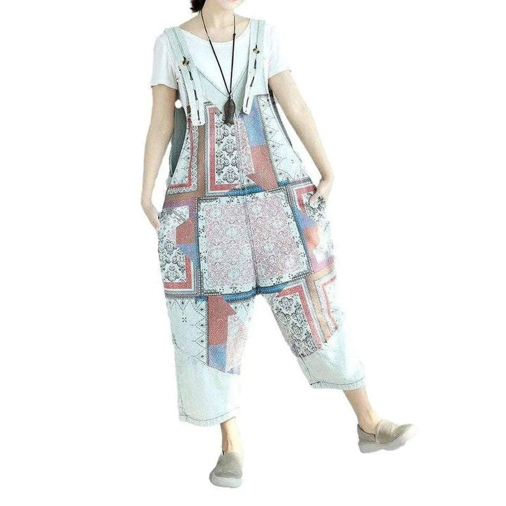 Flower decorated women's jeans overall