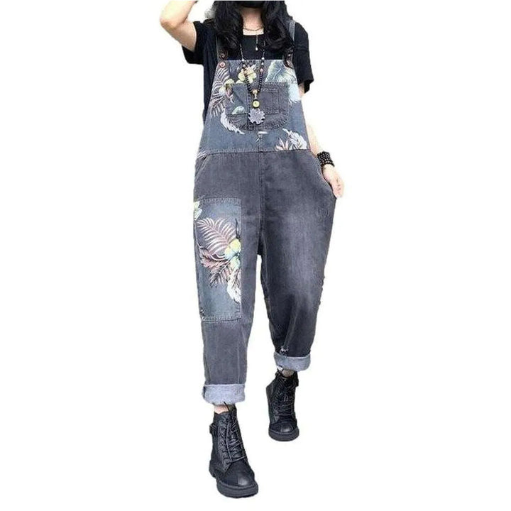 Flower painted grey denim overall