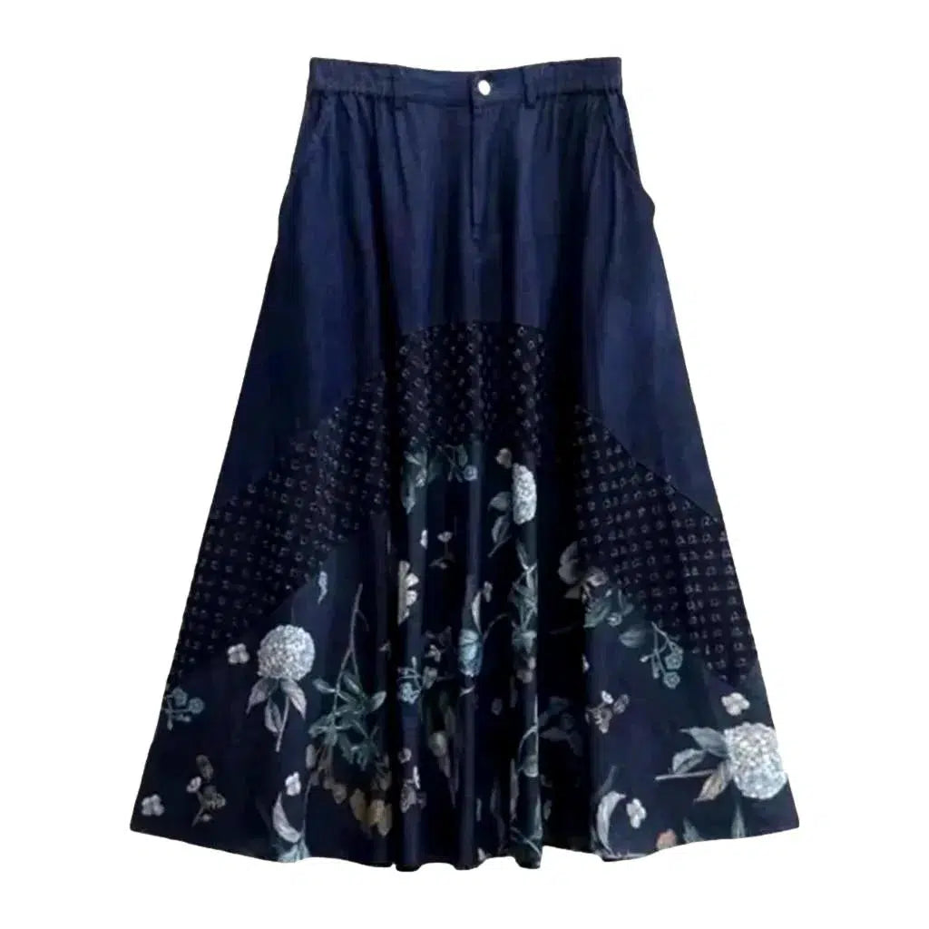 Flowery dark-wash denim skirt
 for ladies