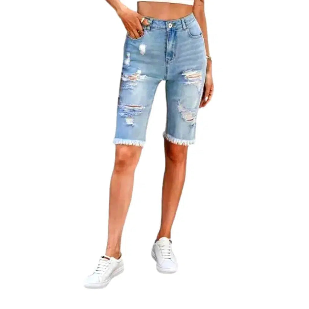 Frayed-hem knee-length jean shorts
 for ladies