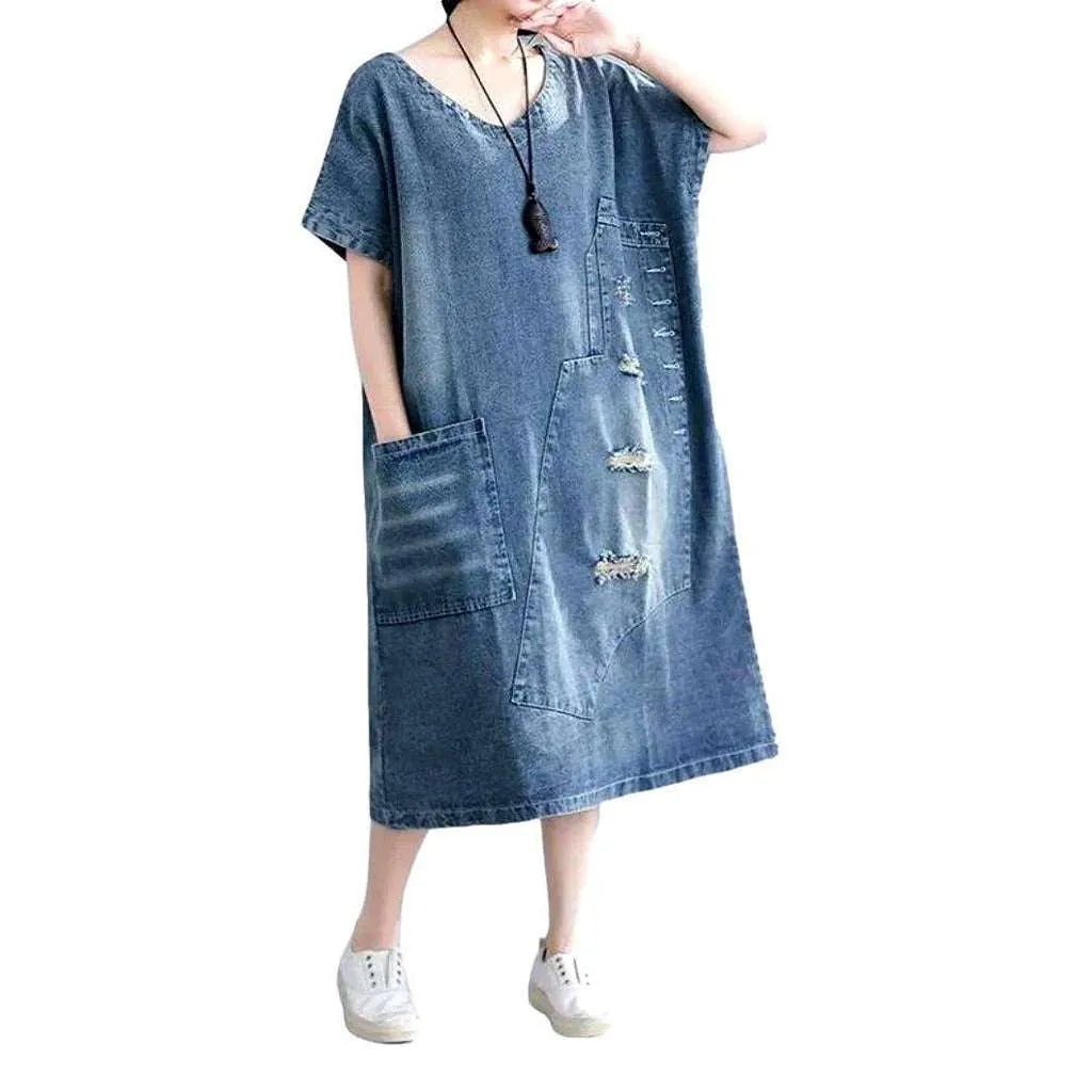 Frayed Street Jean Dress - Light Blue