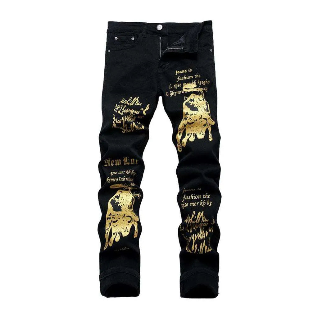 Golden print black men's jeans