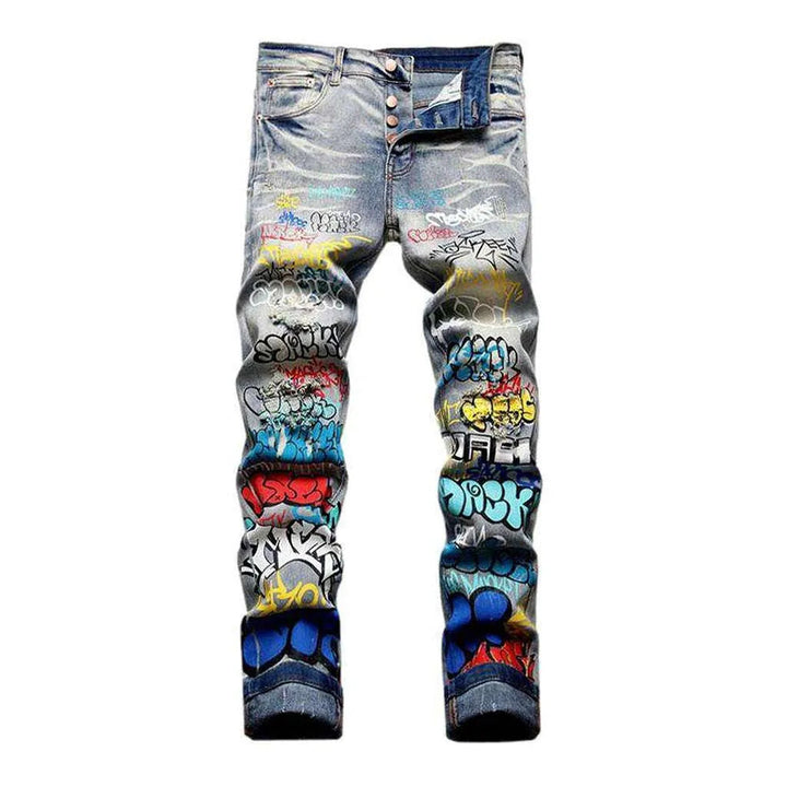 Graffiti print ripped men's jeans