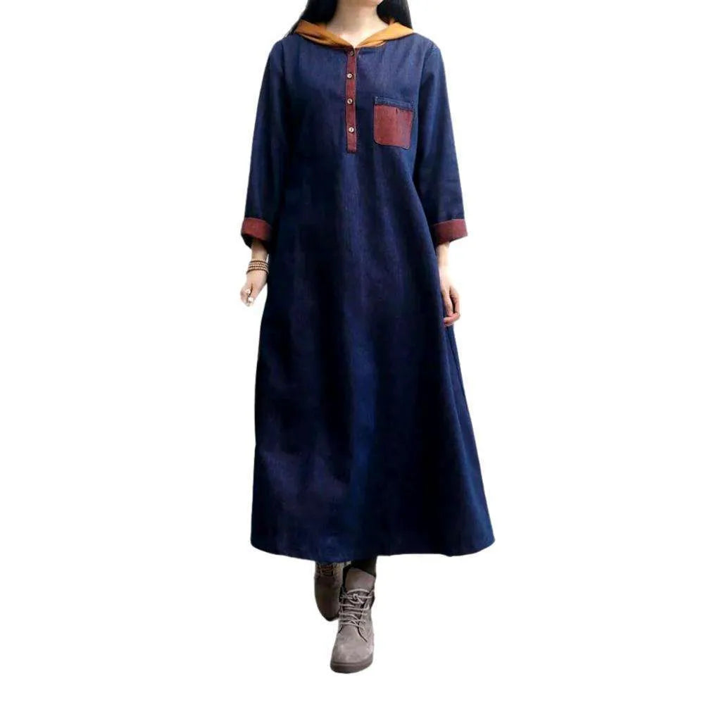 Hooded Y2k Denim Dress - Dark Blue