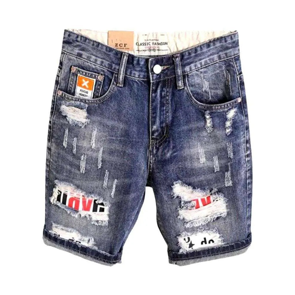Inscribed patch distressed denim shorts