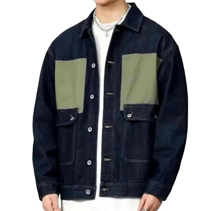 Khaki-patches two-tone denim jacket
 for men