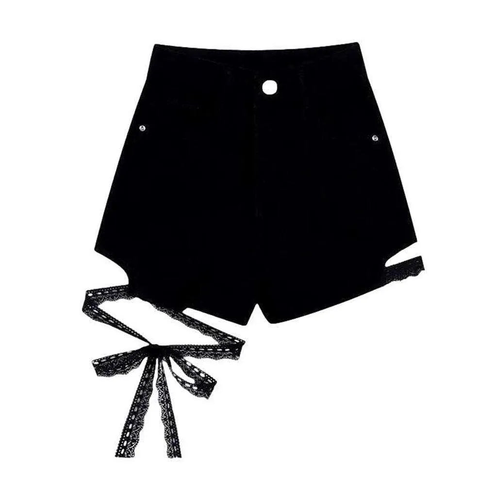 Lace-up black denim skirt
