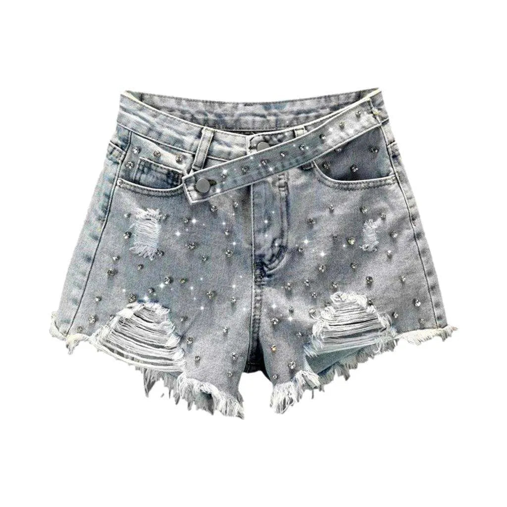 Light blue rhinestone denim shorts | Jeans4you.shop
