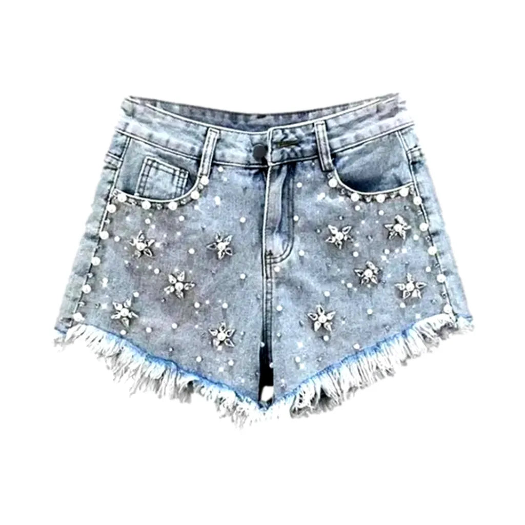 Light-wash embellished denim shorts