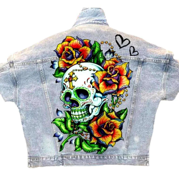 Light-wash skull print women's jean jacket