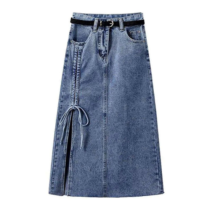 Long denim skirt with drawstrings