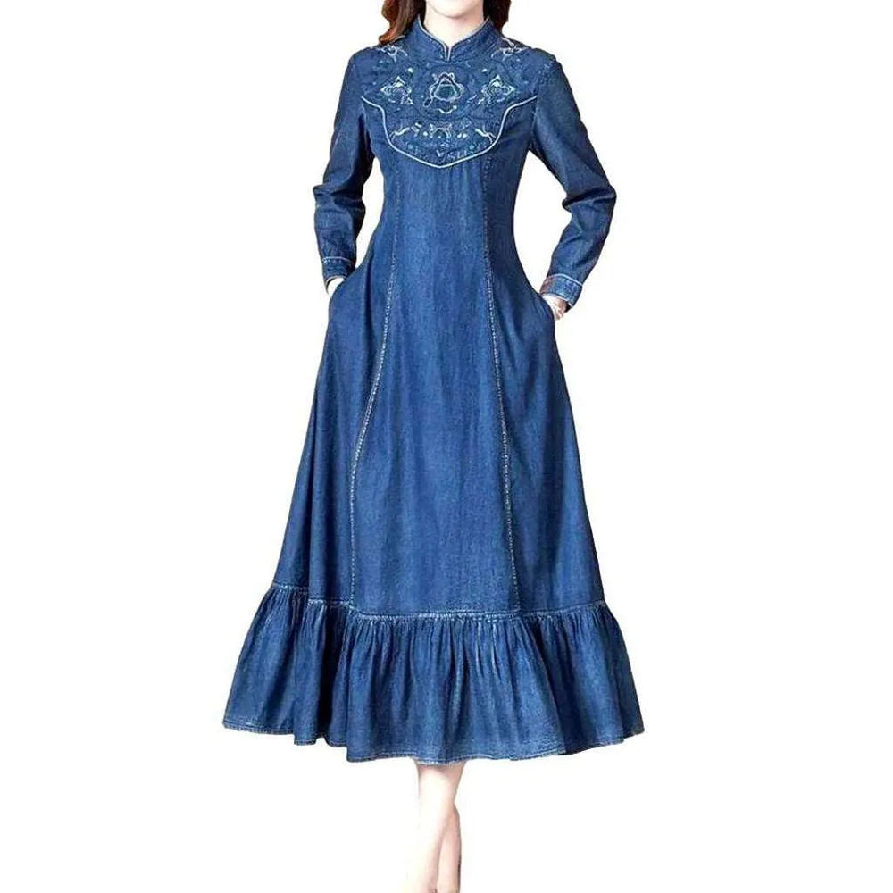 Long Embroidered Y2k Denim Dress - Blue