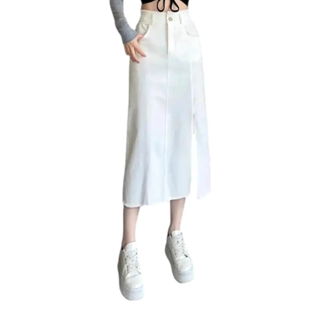 Long frayed-edges women's denim skirt
