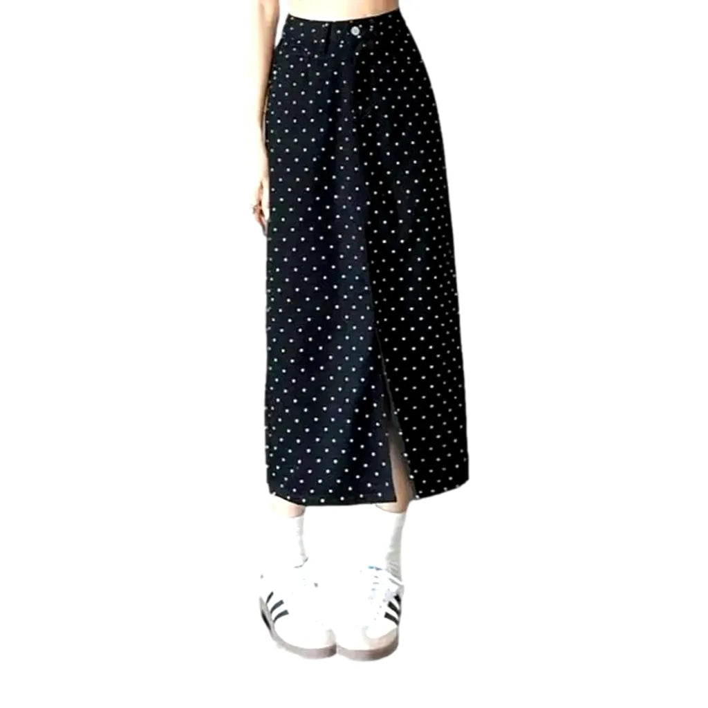 Long front-slit denim skirt for ladies