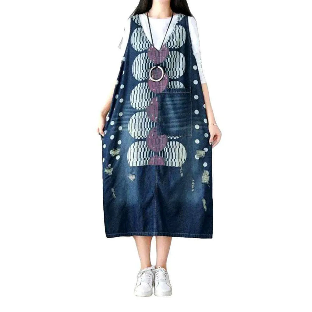 Long Printed Jeans Dress - Blue