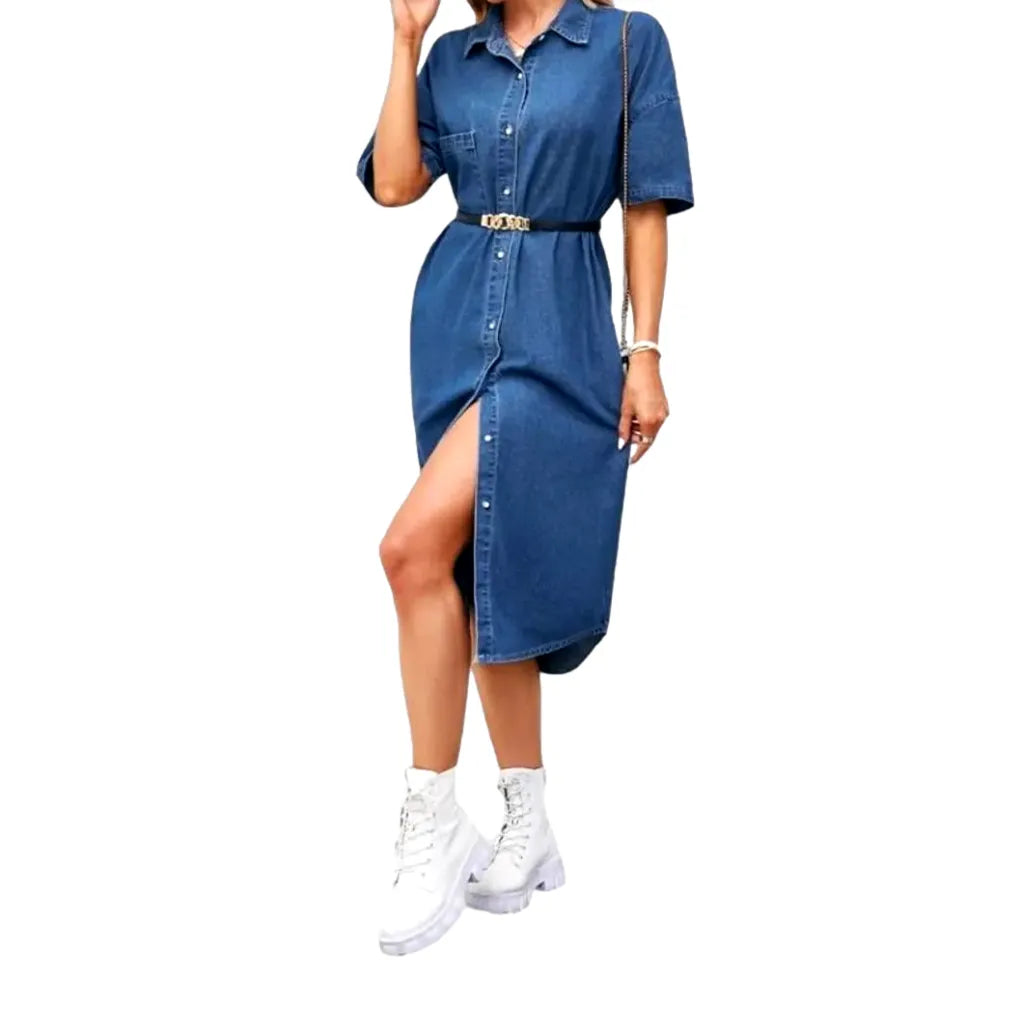 Loose Fit Short-sleeve Jean Dress - Blue