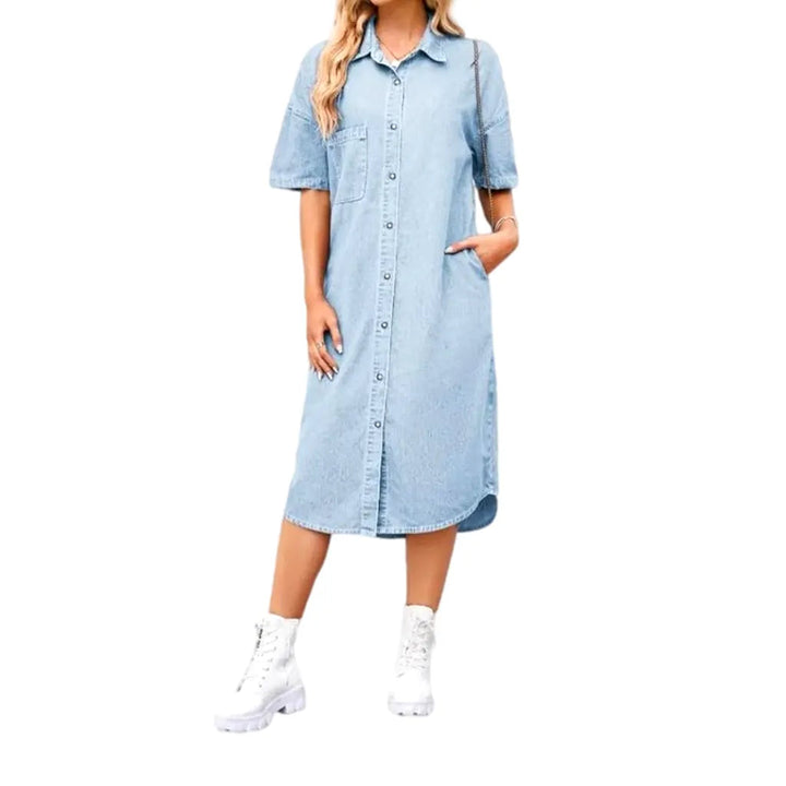 Loose Fit Short-sleeve Jean Dress - Light Blue