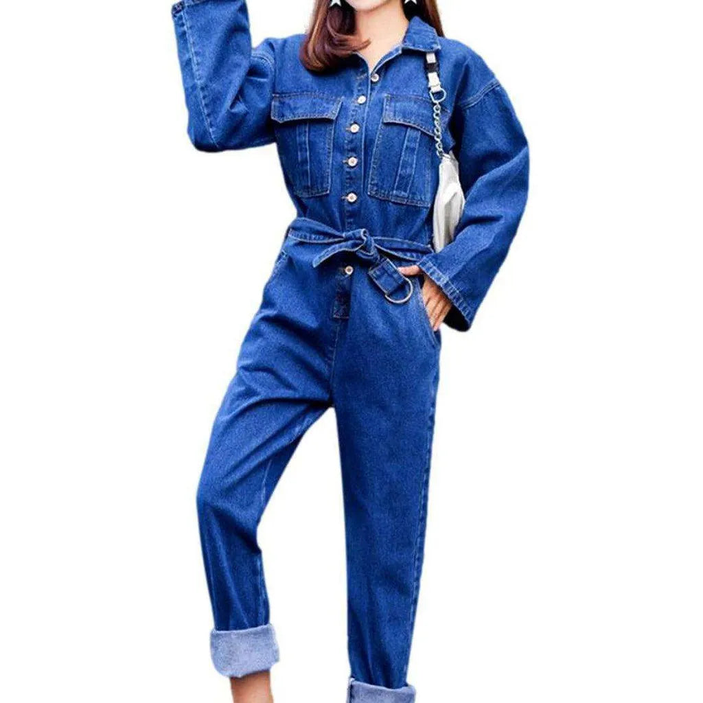 Trendy Loose Fitting Denim Jumpsuit for Ladies - Blue