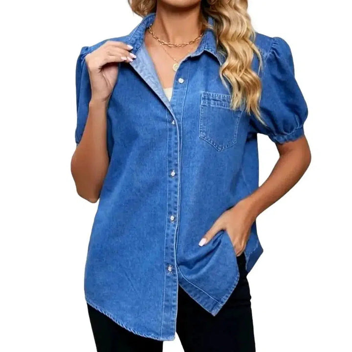 Loose medium-wash jean shirt for women