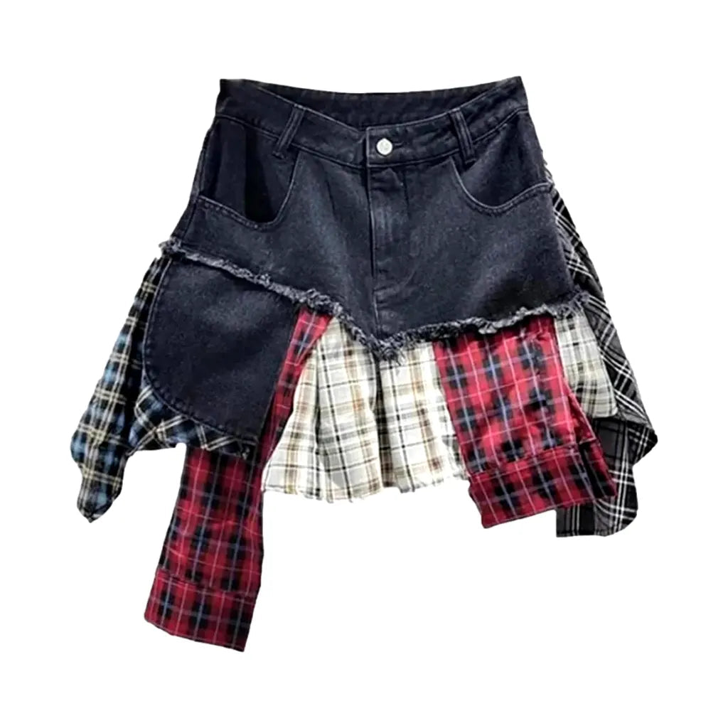 Mid-waist mixed-fabrics jean skort