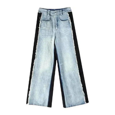 Mid-waist mixed-fabrics jeans
 for ladies