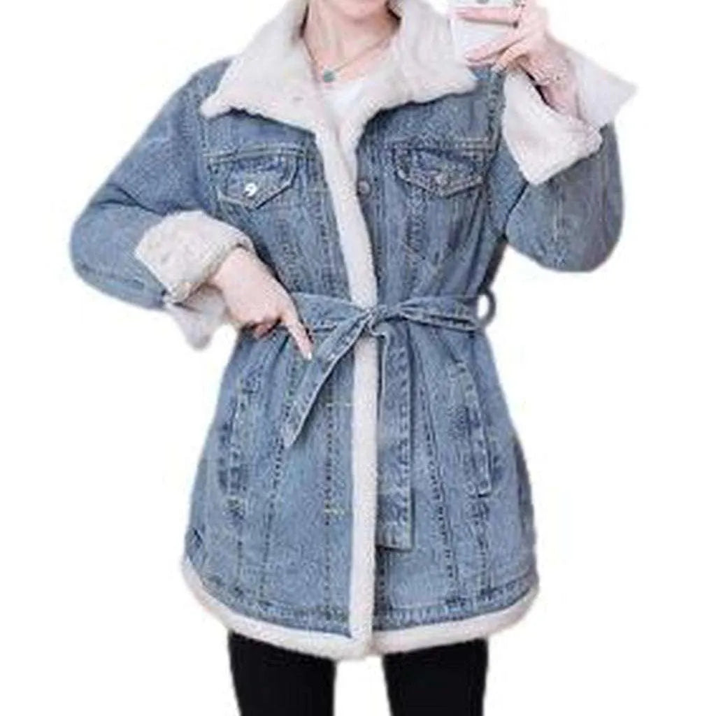 Mini denim coat with fur