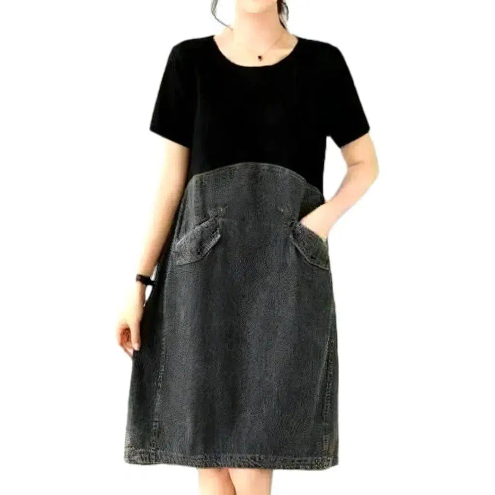 Mixed Fabrics Denim Dress - Black