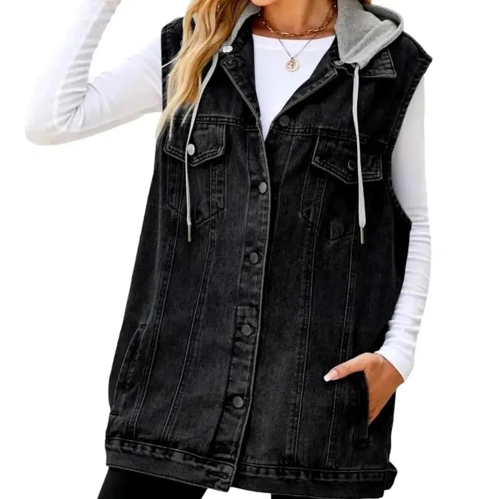 Mixed-fabrics hooded denim vest
 for women