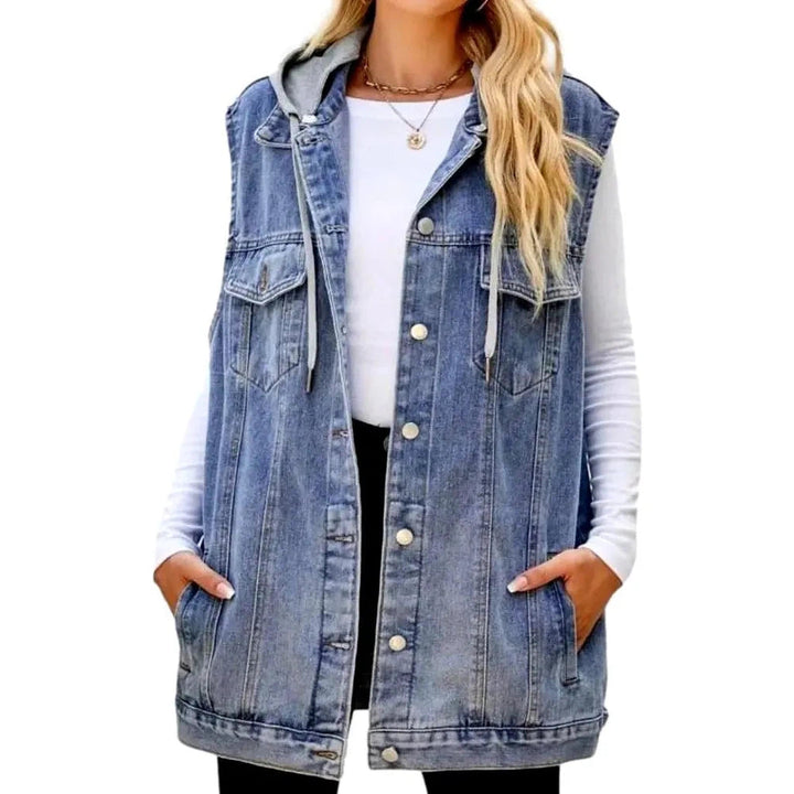 Mixed-fabrics hooded denim vest
 for women