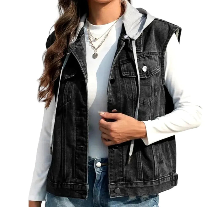 Mixed-fabrics hooded jean vest for women