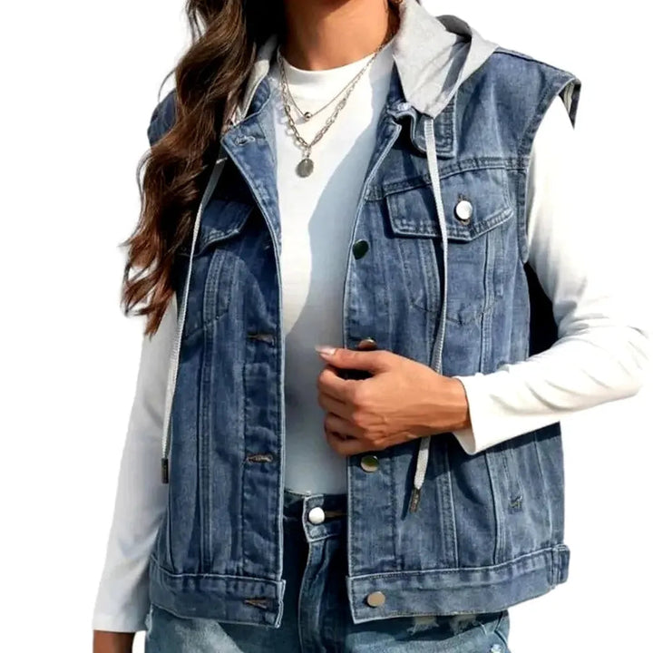 Mixed-fabrics hooded jean vest for women