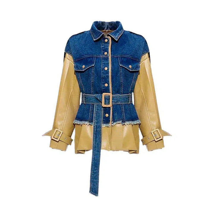 mixed-fabrics, regular, long sleeves, medium wash, patchwork, raw hem, PU leather, buttoned-belt, women's jacket | Jeans4you.shop