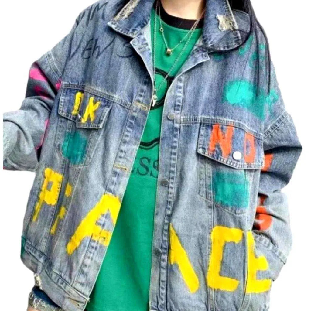 Neon letters vintage denim jacket
 for ladies