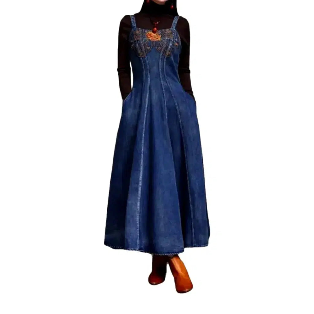 Ornamented Long Denim Dress - Blue