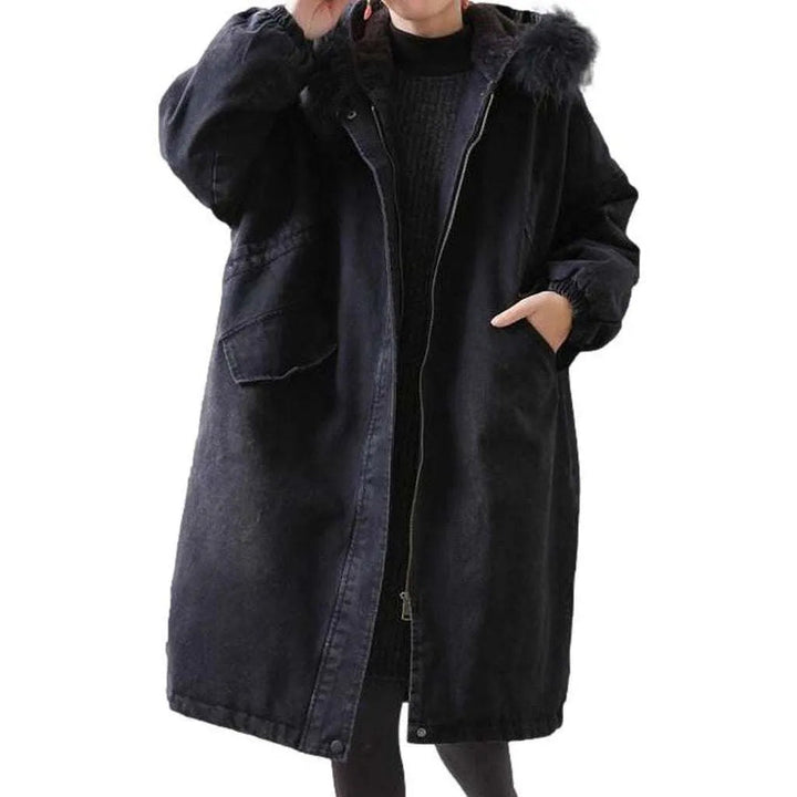 Oversized denim coat with fur