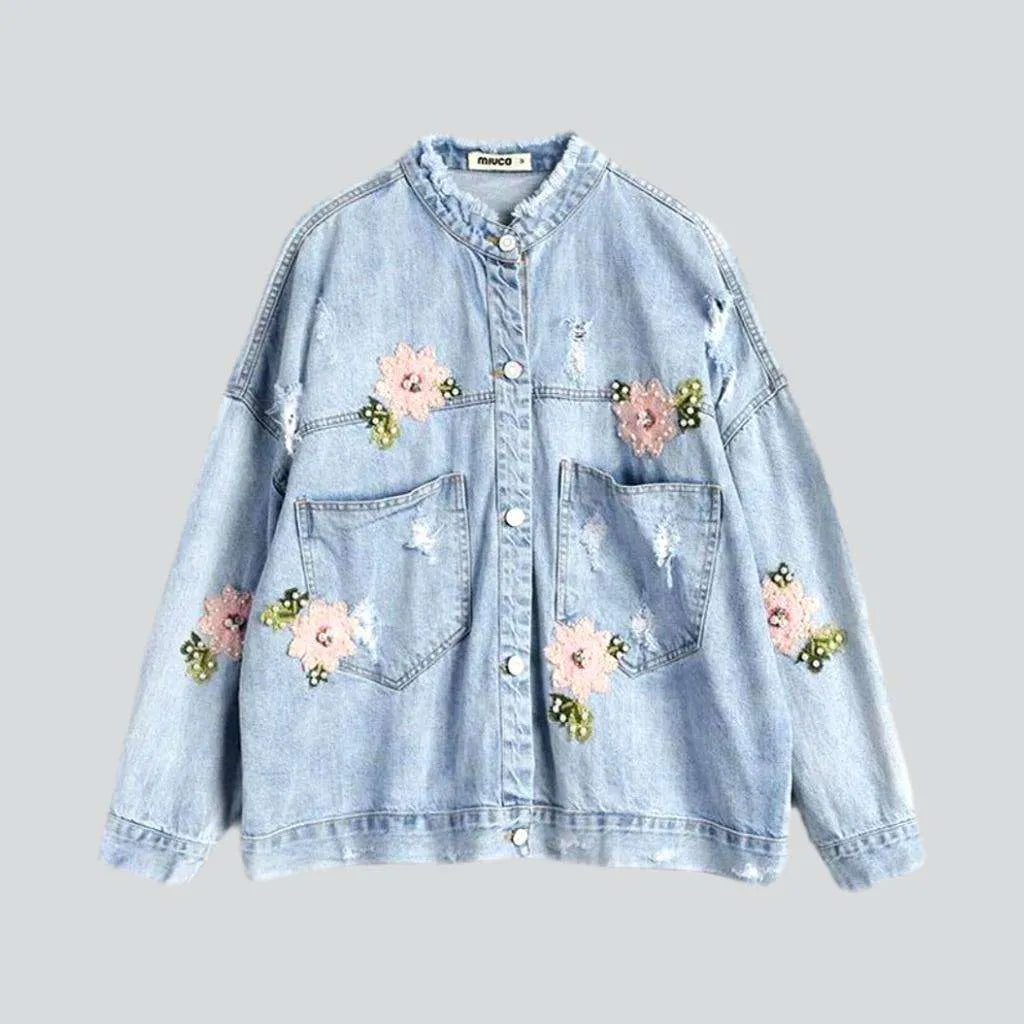 Oversized Light Wash Floral Women's Denim Jacket | Jeans4you.shop