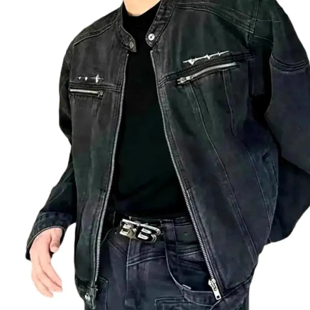 Oversized round-collar jeans jacket
 for men