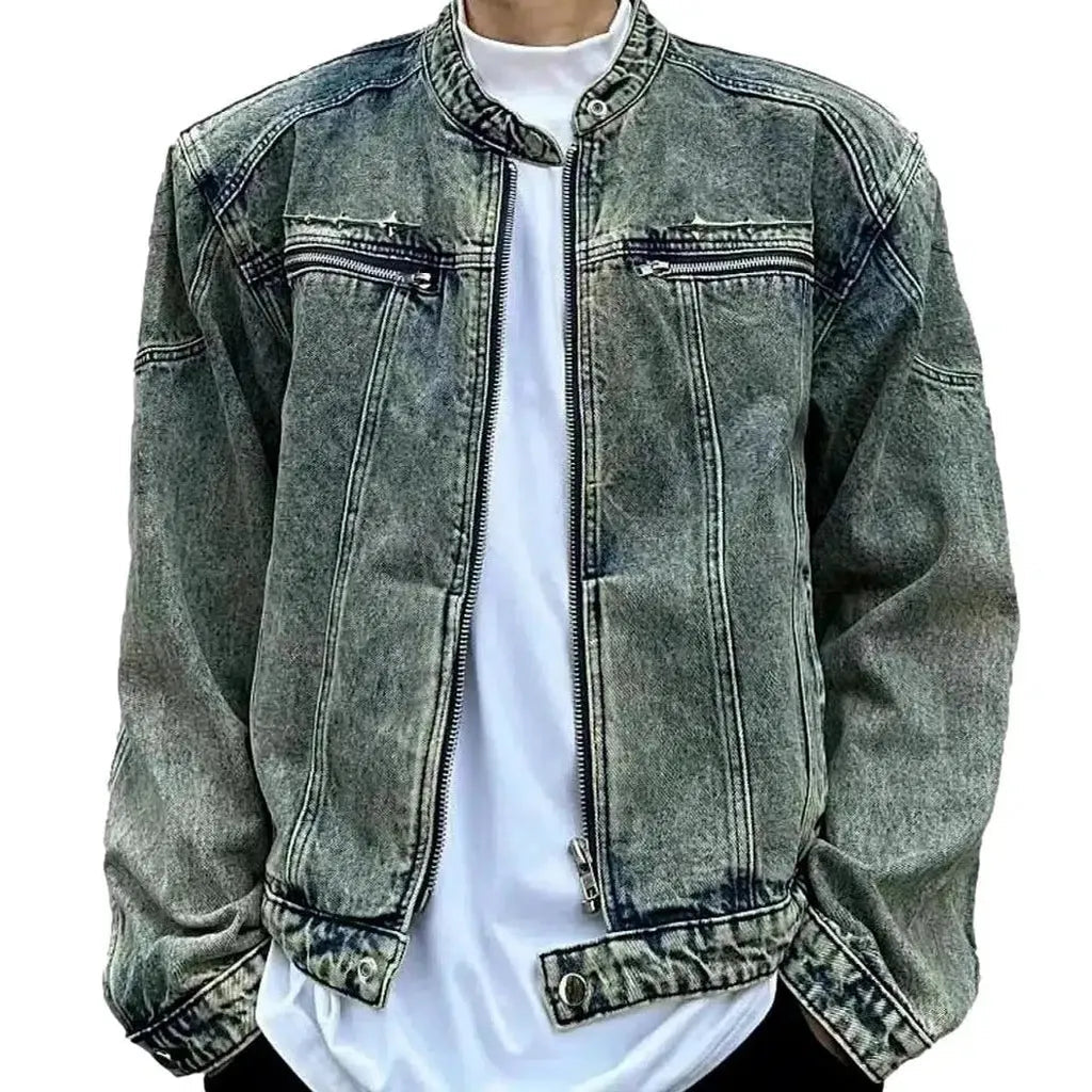 Oversized round-collar jeans jacket
 for men
