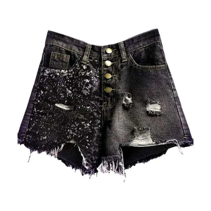 Painted dark distressed denim shorts