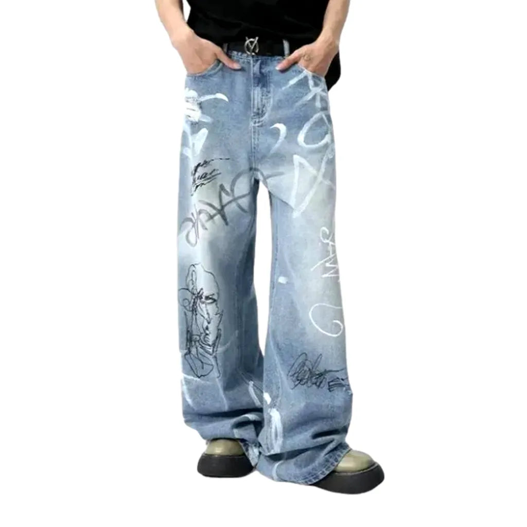 Painted men's floor-length jeans