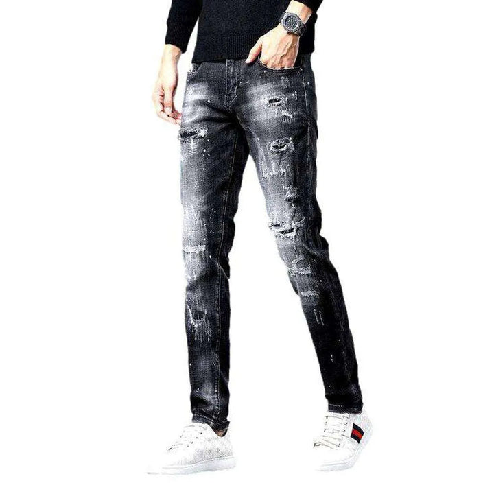 Painted ripped black men's jeans
