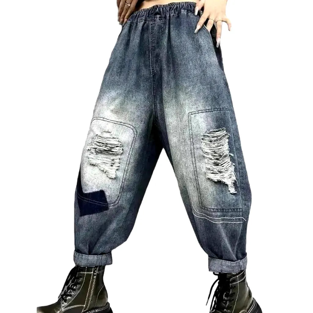 Patched high-waist jeans pants
 for women