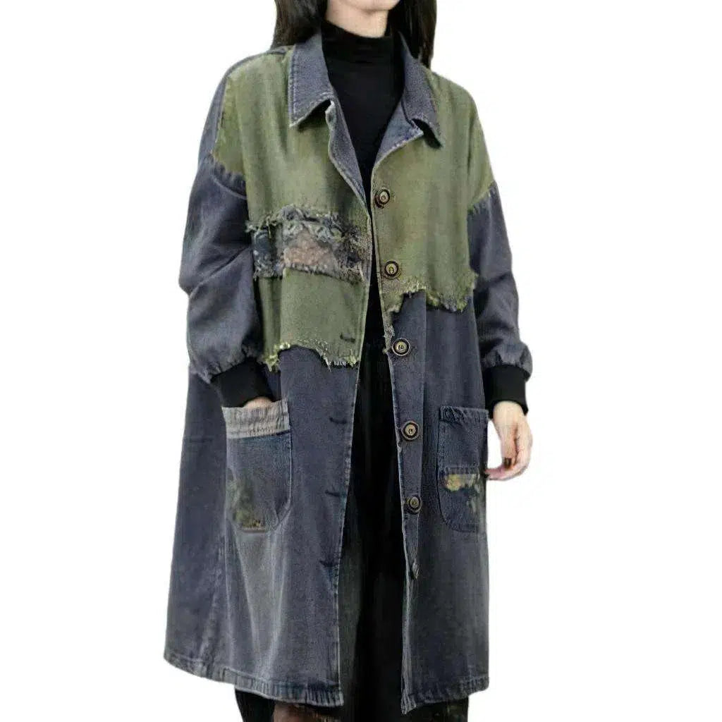 Patchwork dark women's denim coat