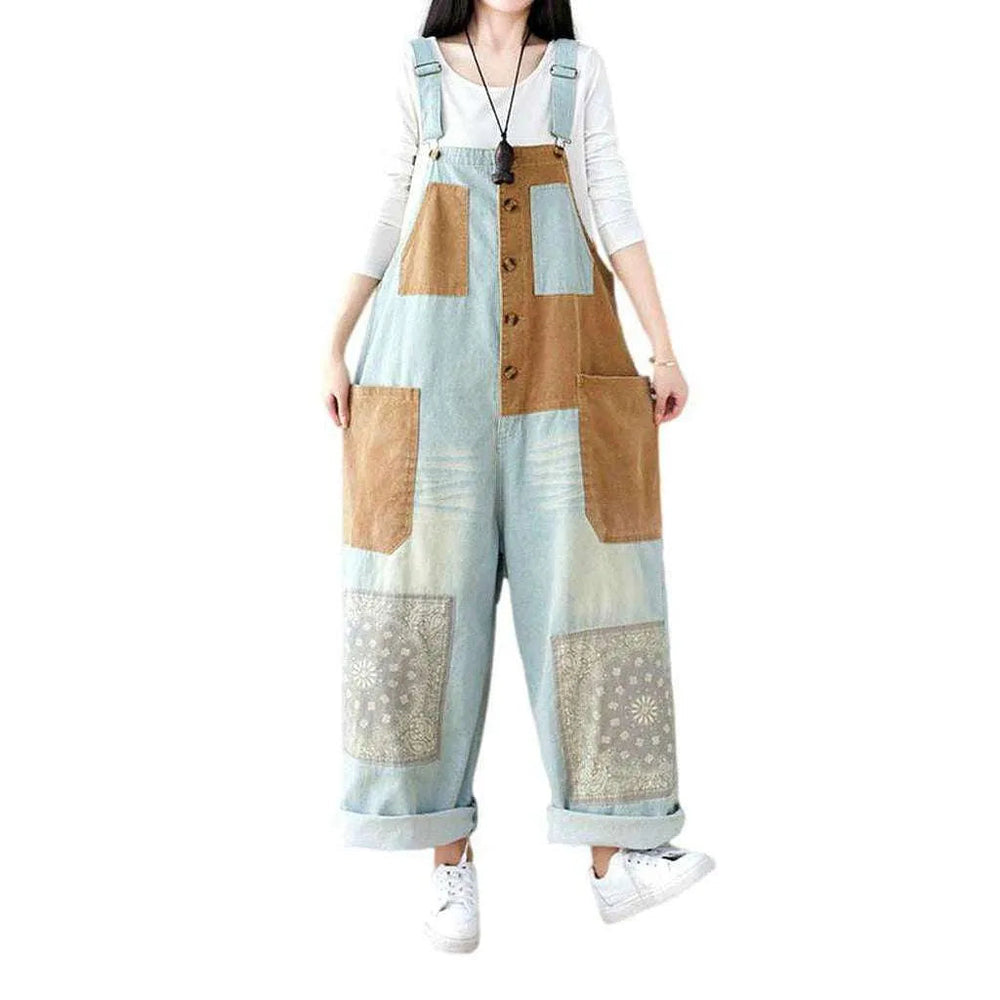 Patchwork Denim Overall for Ladies - Light Blue