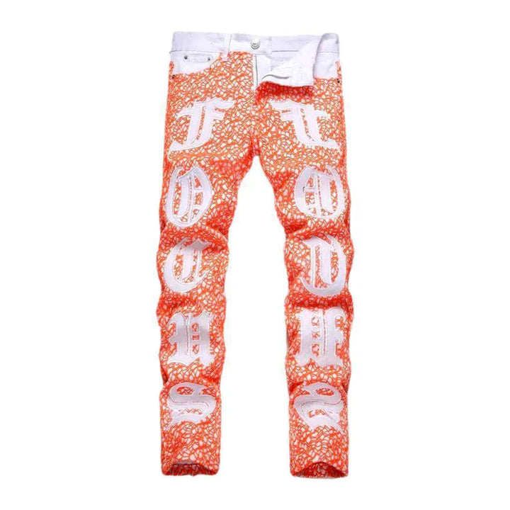 Pink all-over embroidery jeans
 for men